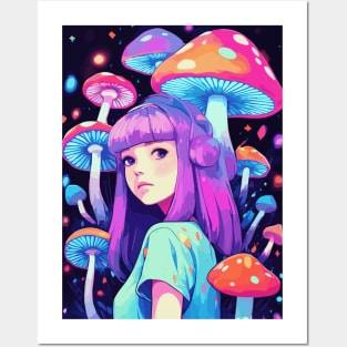 Anime Girl with mushrooms neon design Posters and Art